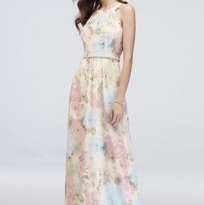 Butter Yellow Print Chiffon Sheath Beaded Waist Pastel Maxi Floral Evening Dress